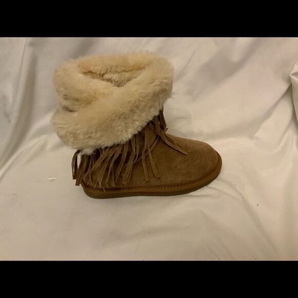 LAM Girls Brown Boots Frill Tassels Faux Fur Size 2 Y Suede Leather Booties - Picture 1 of 11